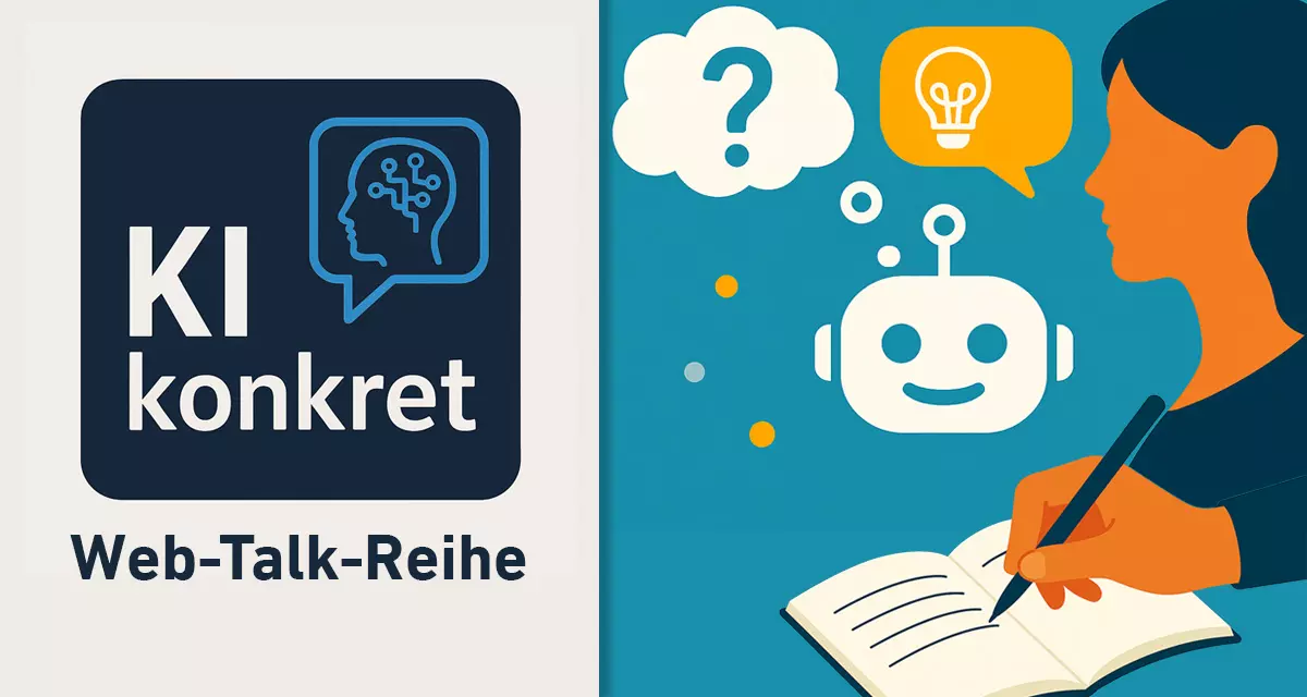 Logo: Web-Talk-Reihe KI konkret. Symbolgrafik: Frau, die eine Frage an KI stellt. Grafik und Logo: LpB, KI generiert (ChatGPT) 