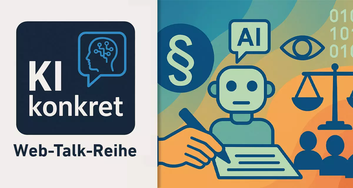 Logo: Web-Talk-Reihe KI konkret. Symbolgrafik: Paragraph, Waage, Brief, Roboter AI. Grafik und Logo: LpB, KI generiert (ChatGPT) 