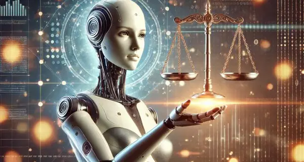 Symbolbild. KI Roboterfrau Gerechtigkeitswaage. Grafik: KI generiert