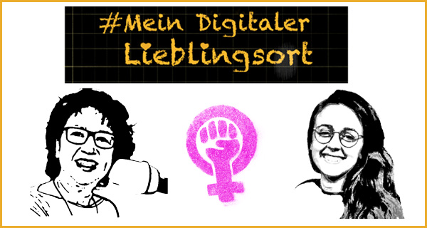 Podcast #meinfeministischerdigitalerLieblingsort!: Episode 13. Zeichnung: Köpfe Birgit Wächter, Henriette Gaus + rosa Frauenzeichen.